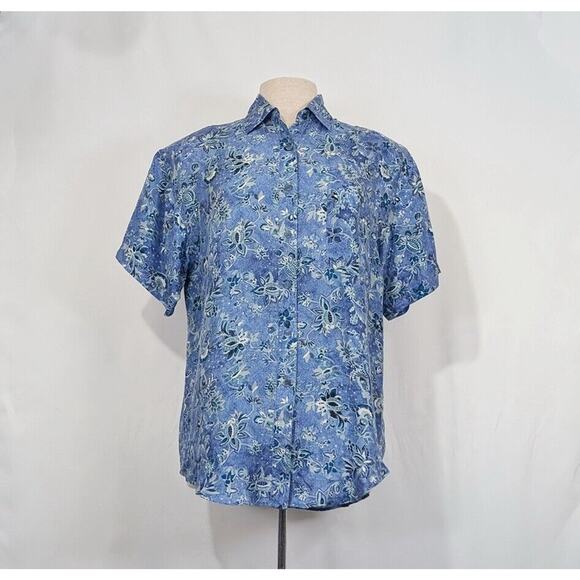 Vintage Tops - Vintage 90s Blouse Silk Blue Floral Print Short Sleeve Shirt Top Misses Size S